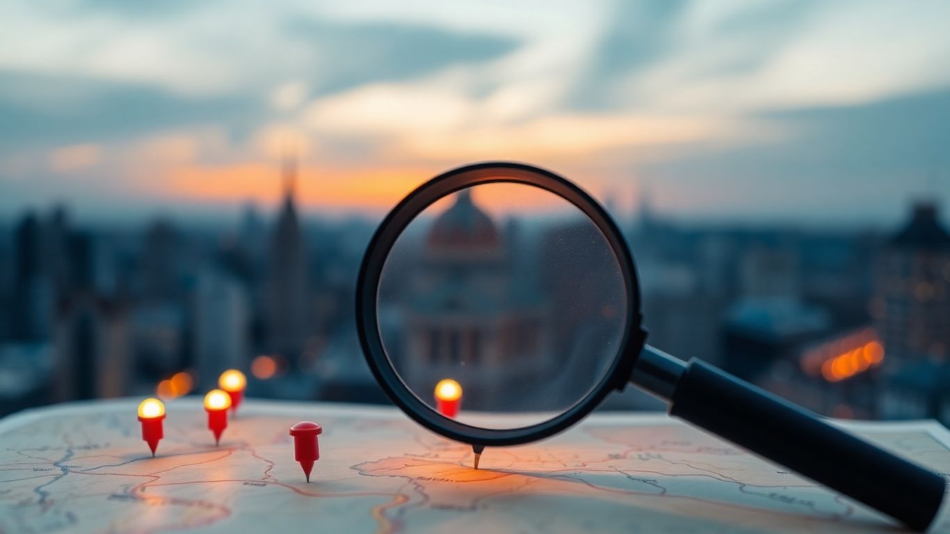 Magnifying glass over a map with location pins.