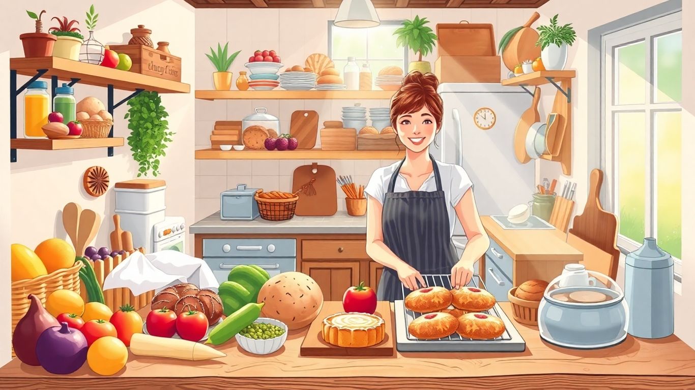 Home kitchen with baked goods and fresh ingredients.