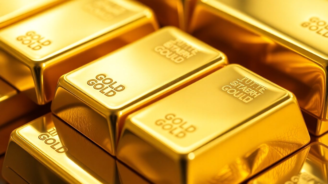 Gold bullion bars stacked