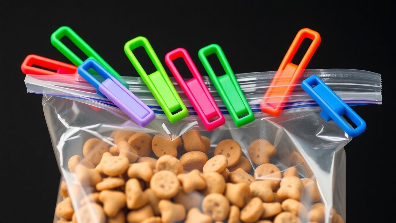 Colorful bag clips sealing a cat food bag.