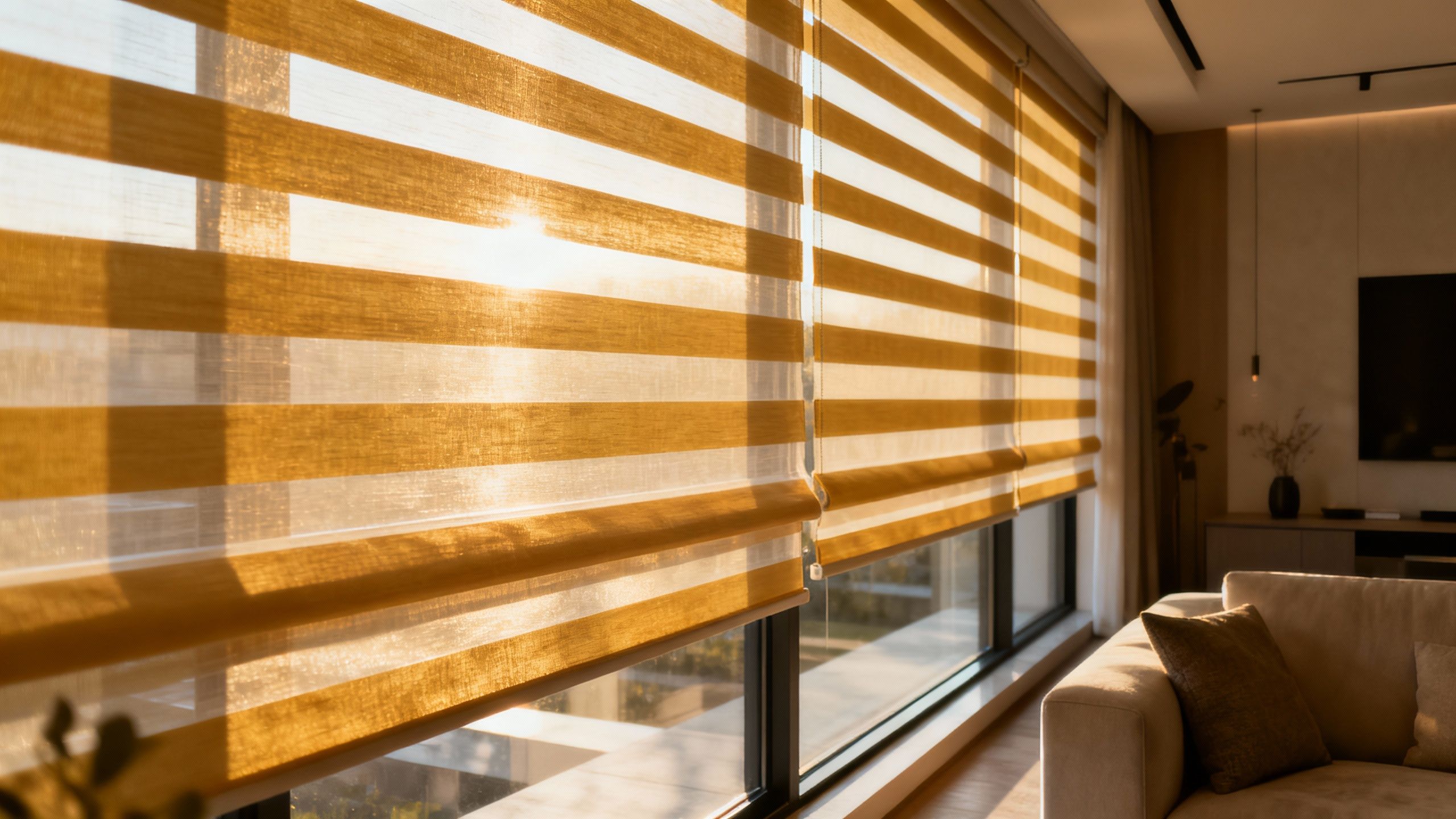 Close-up of banded shades with alternating sheer and opaque fabric bands.