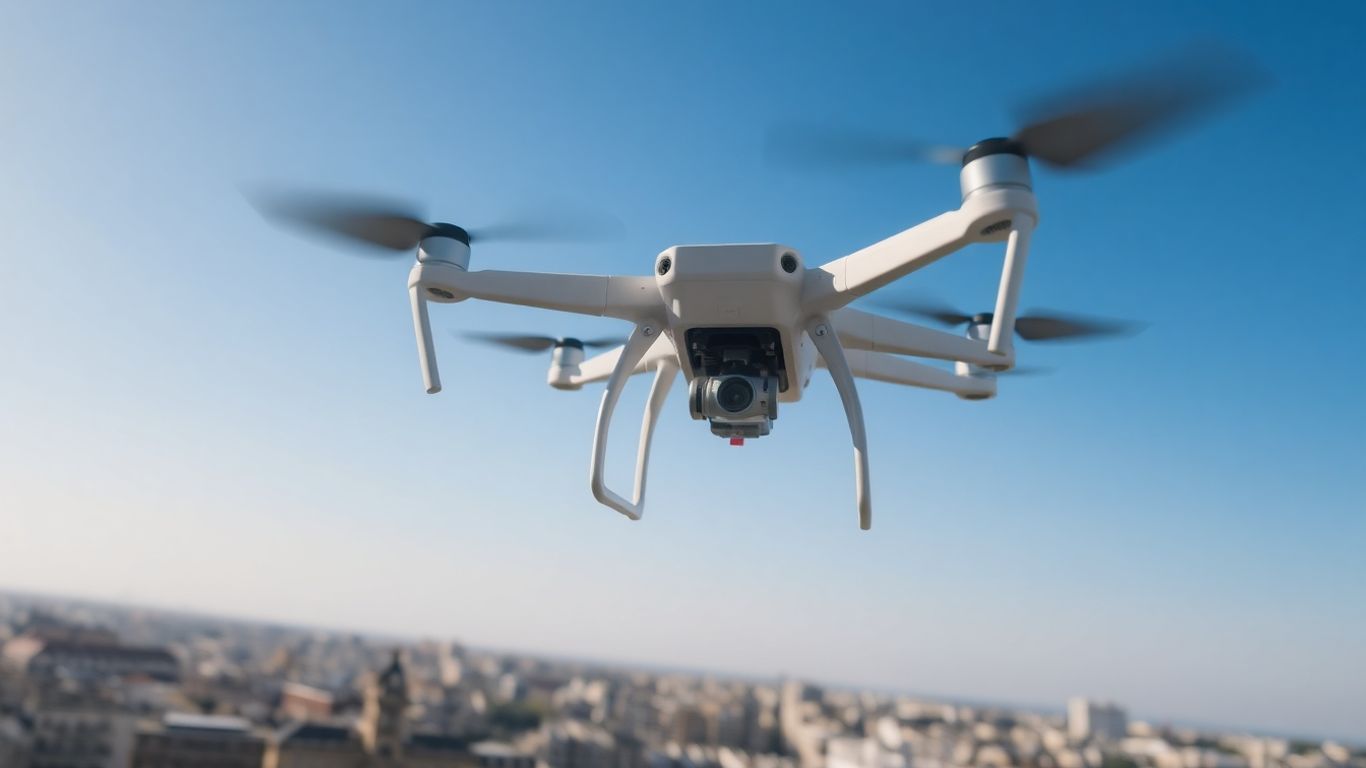 Drone flying over city, capturing aerial view.