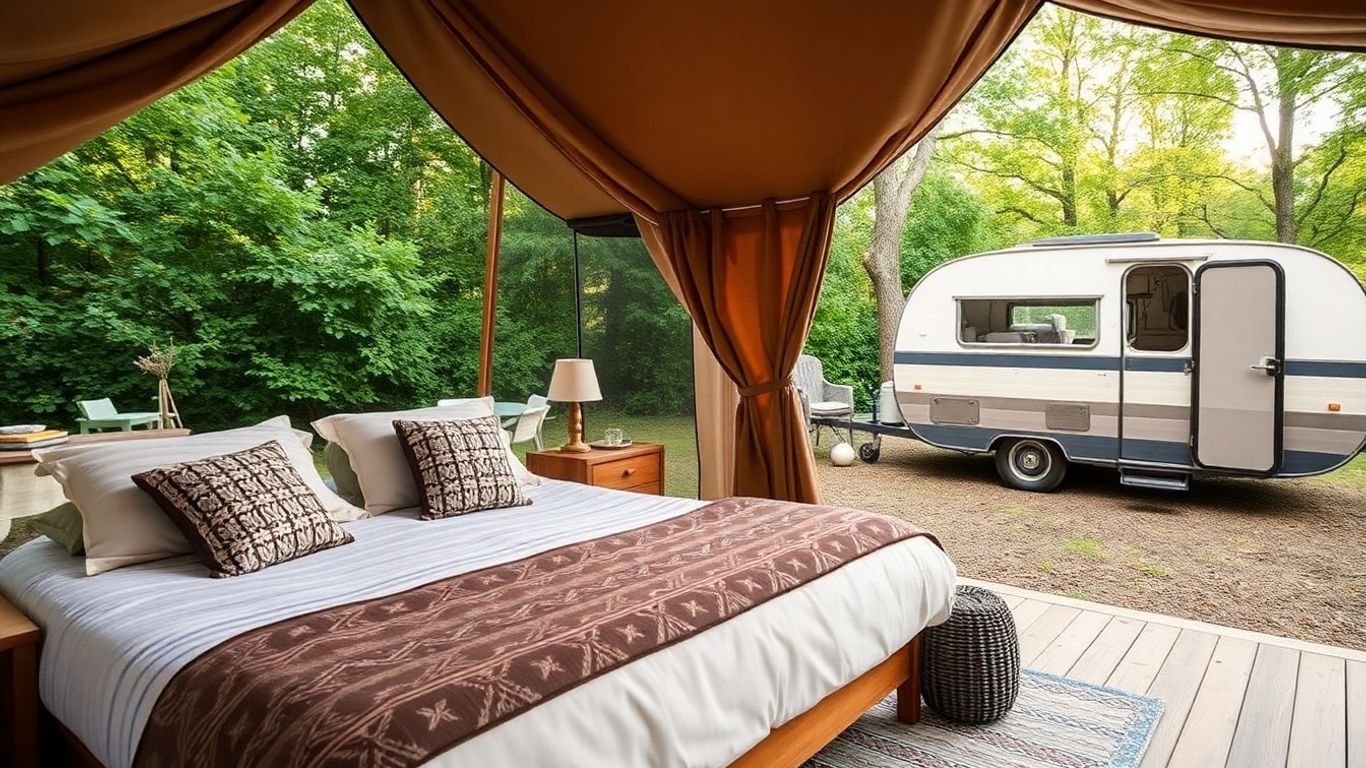 Cort de lux în natură, lângă o rulotă veche.