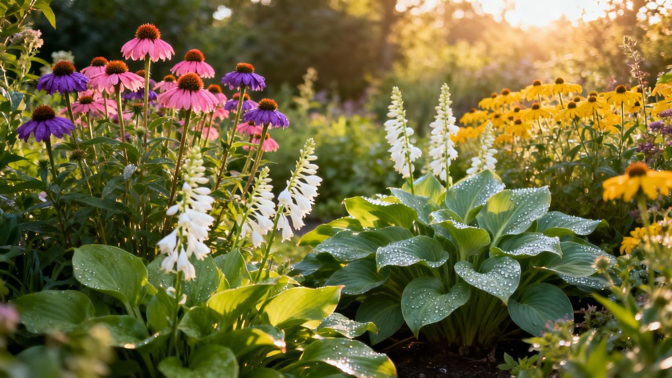 Low maintenance perennial garden with colorful flowers and lush foliage.