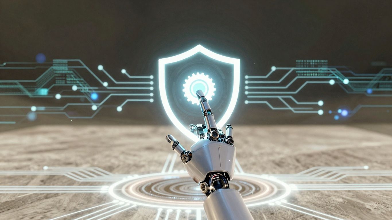 AI and cybersecurity shield in a digital landscape.
