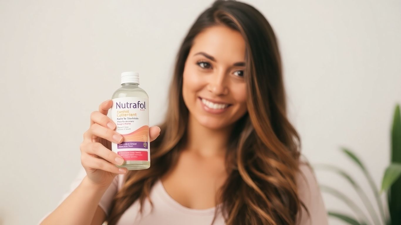 Nutrafol bottle with woman and healthy hair