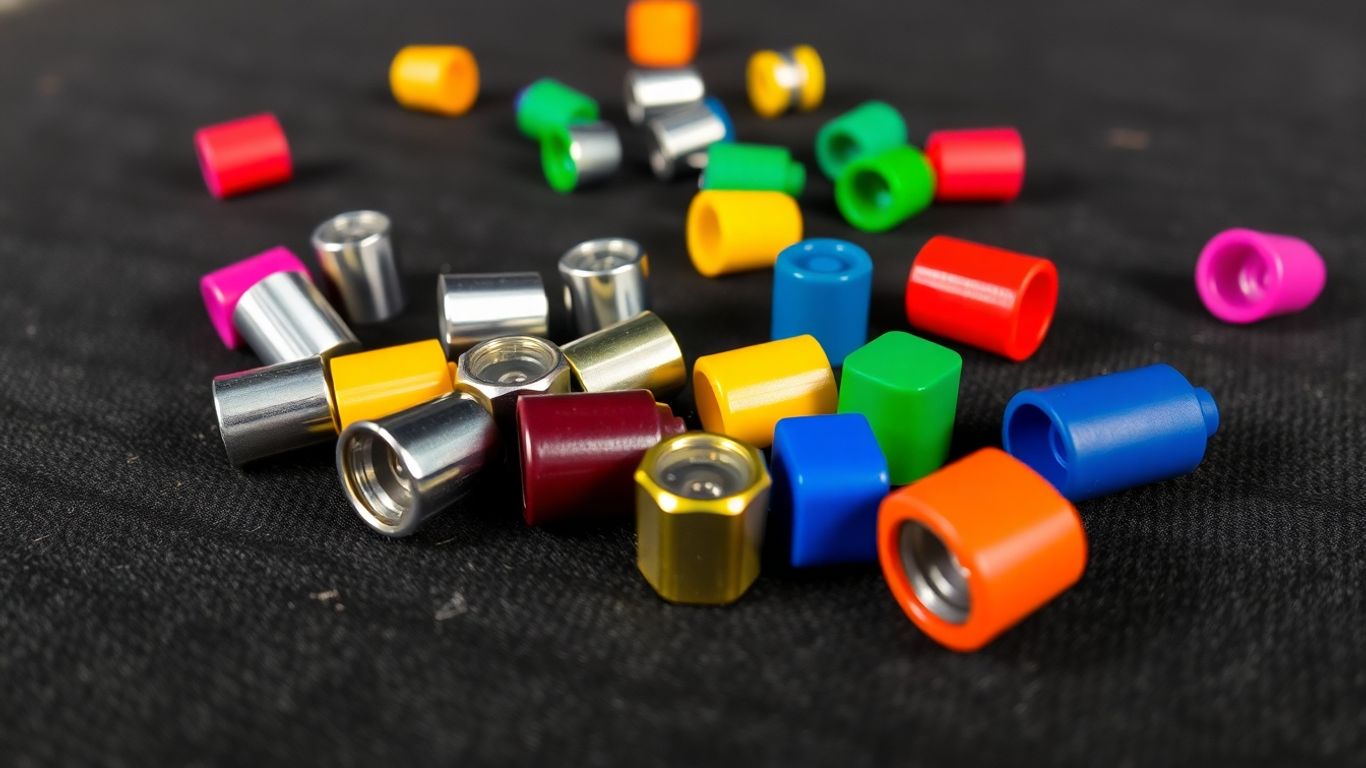Colorful tire valve caps on a dark surface.