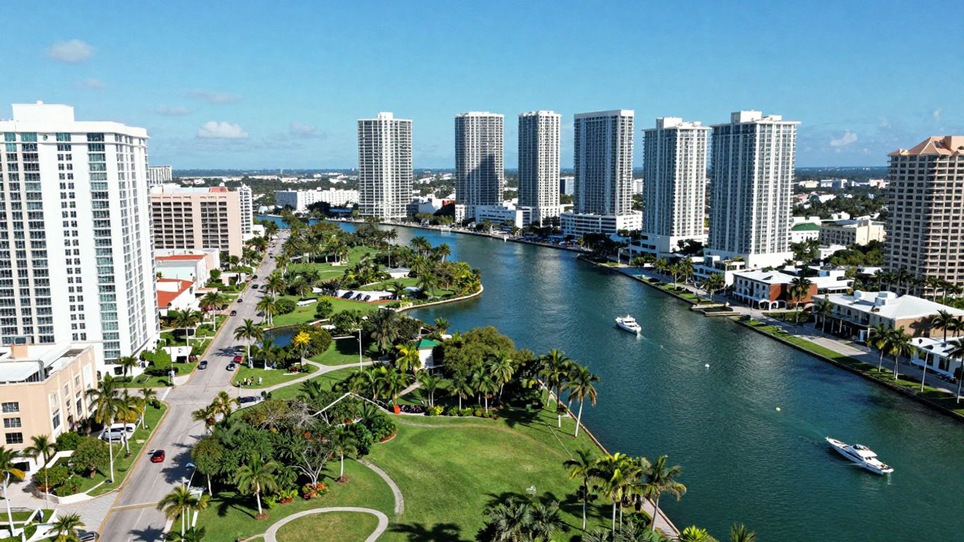Aventura, Florida cityscape with parks, water, and buildings.