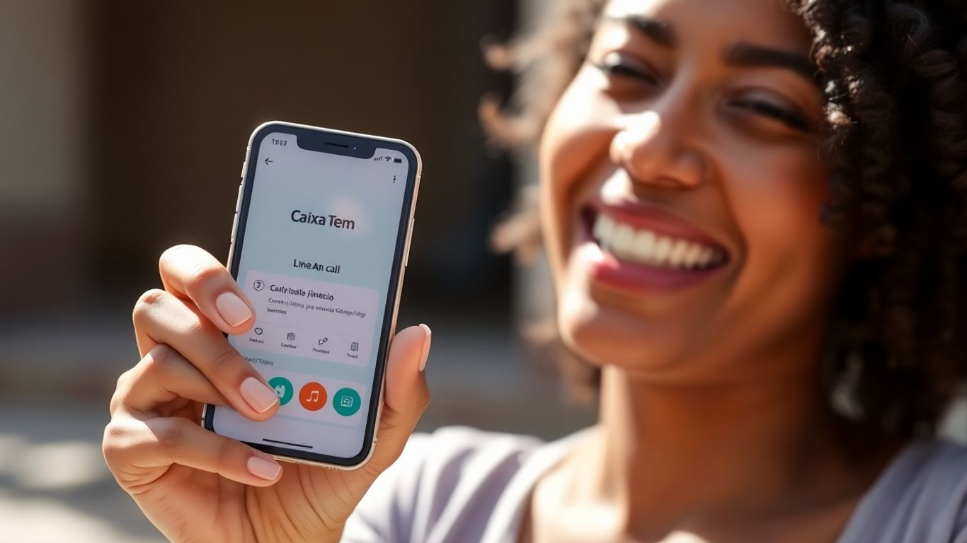 Pessoa feliz com celular Caixa Tem