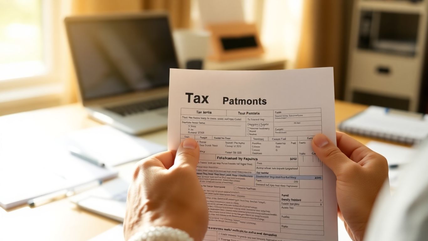 Pessoa preenchendo formulário de imposto de renda com computador ao fundo.