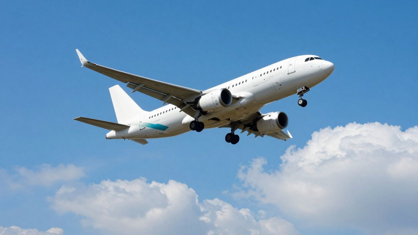 Airplane flying high in a blue sky.