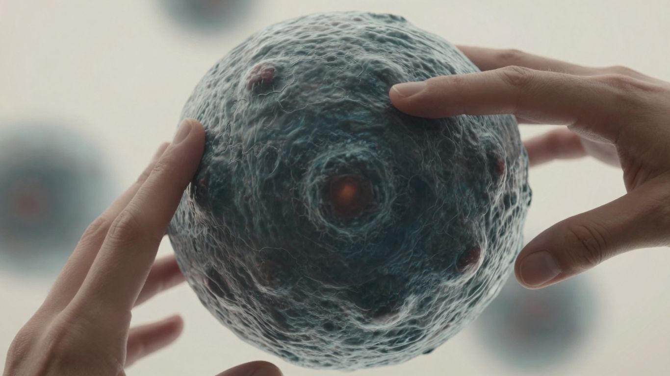 Mão tocando célula abstrata, prevenção de HPV.