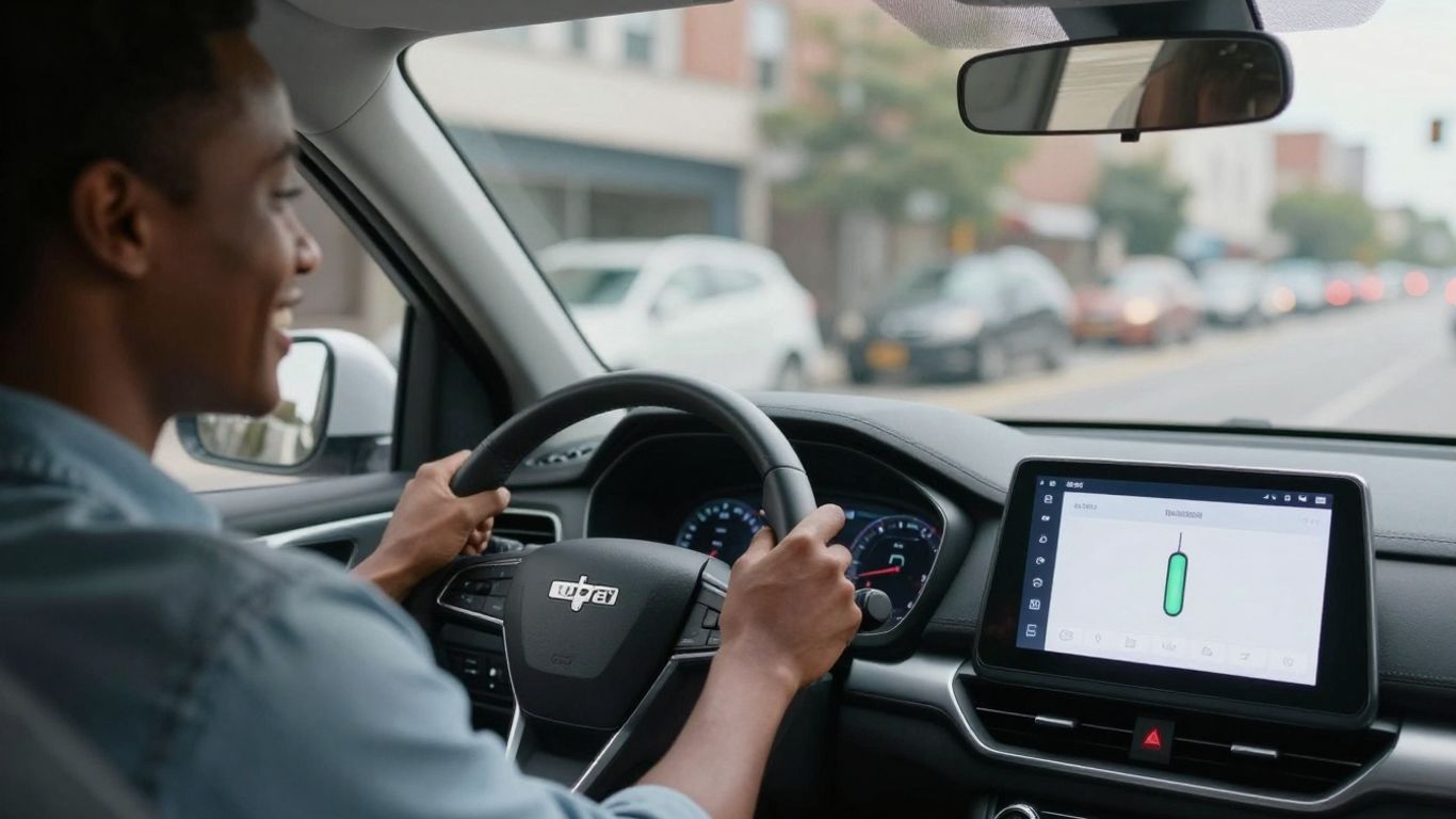 Uber and Lyft driver with rideshare app on dashboard.