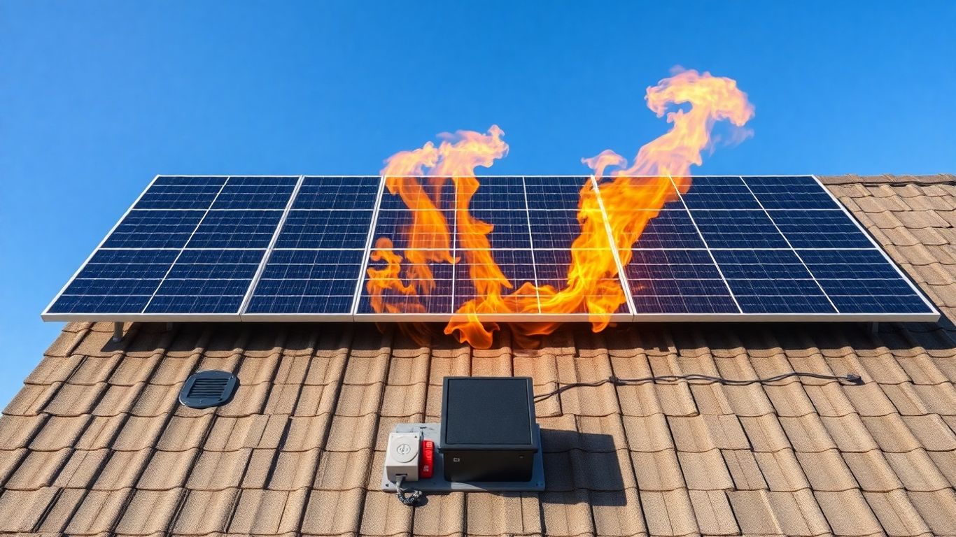 Panneaux solaires en feu avec bouton d'arrêt d'urgence.