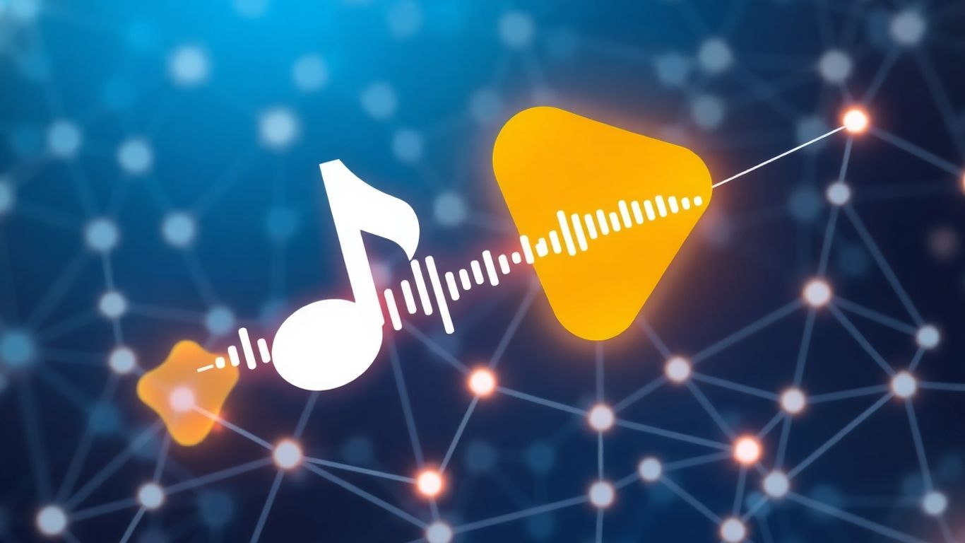 Spotify logo and music notes with AI elements.
