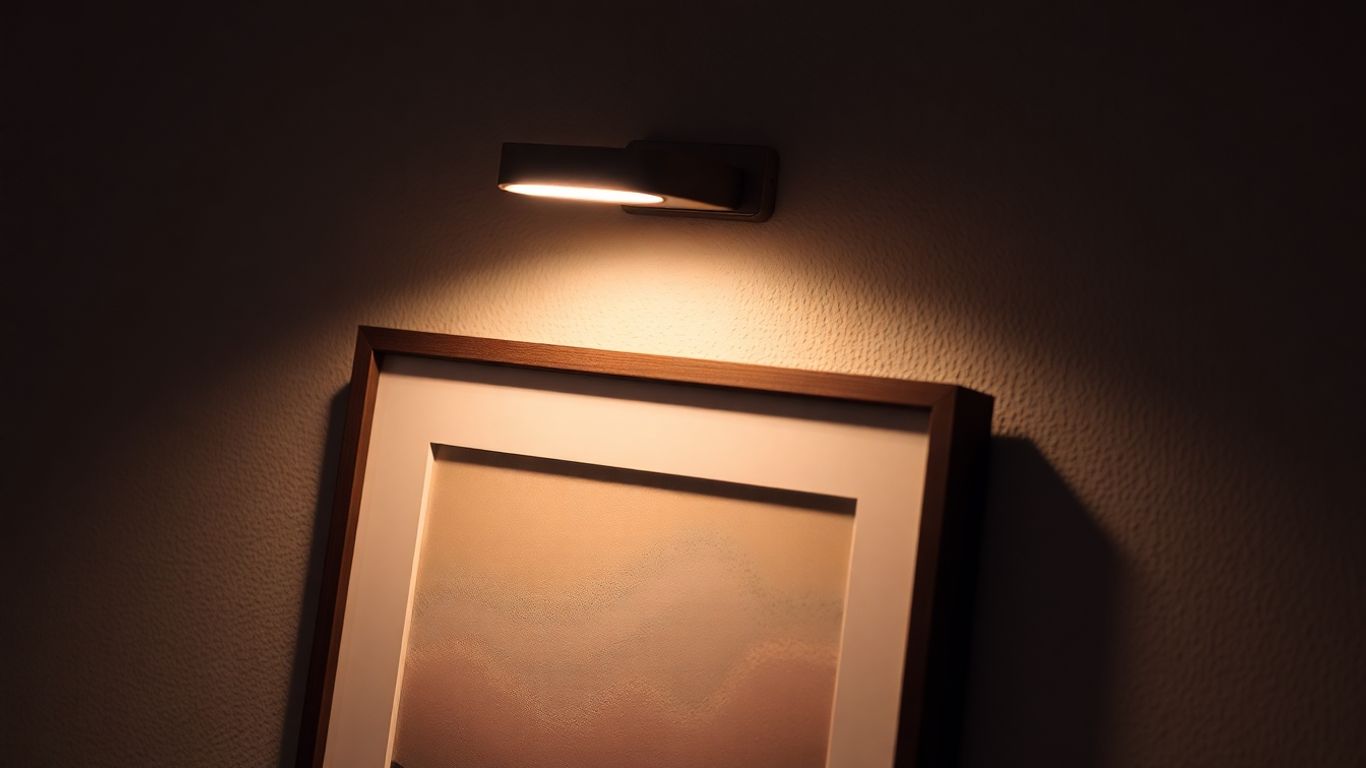 Elegant battery LED picture light illuminating artwork.