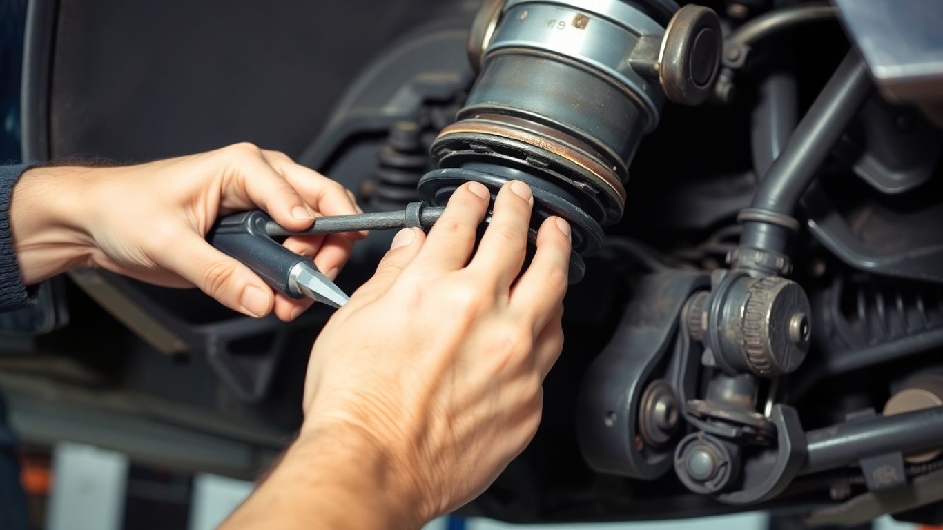 Mechanic working on Subaru suspension system.