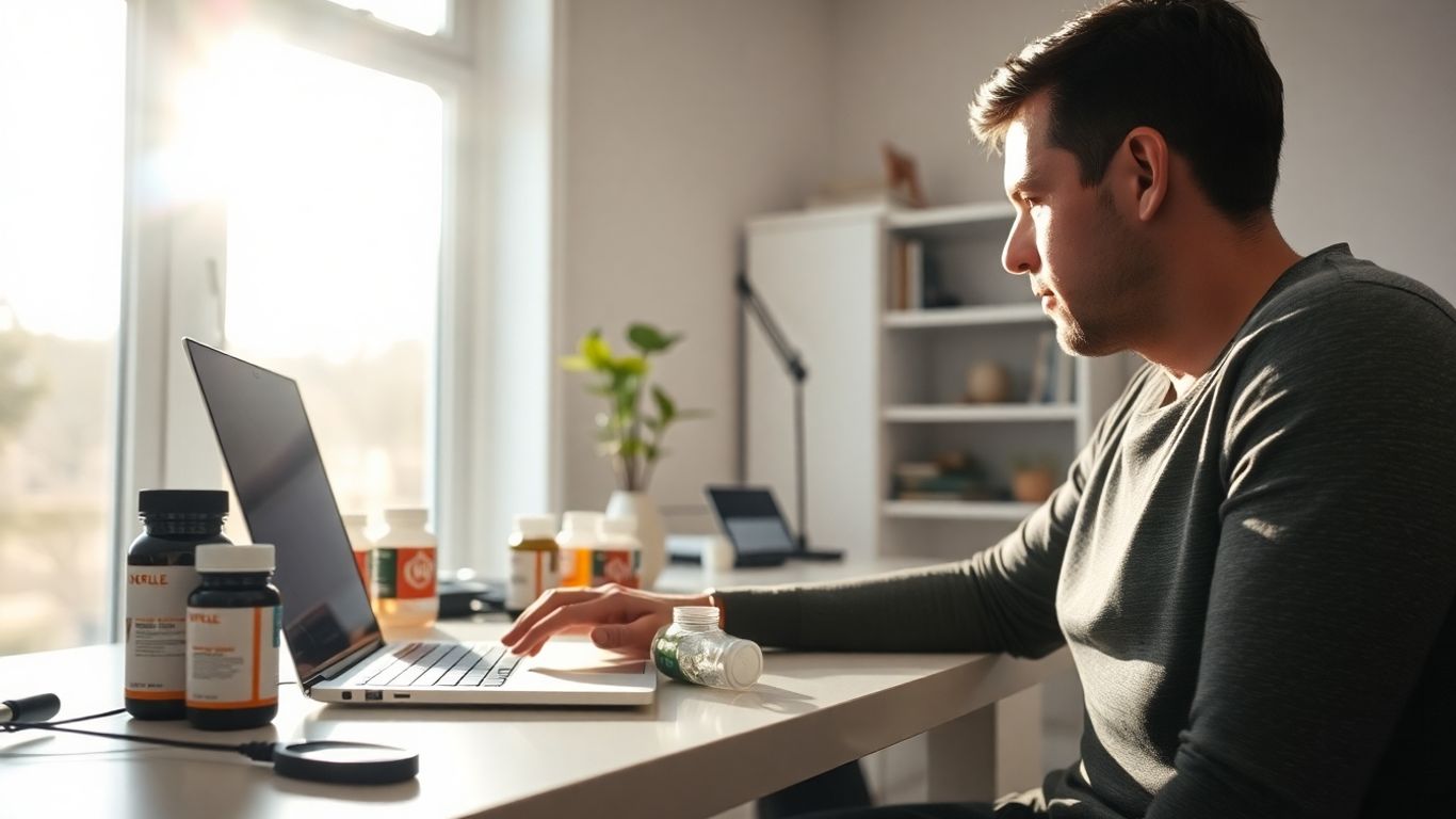 Automated supplement dropshipping setup with laptop and product bottles.