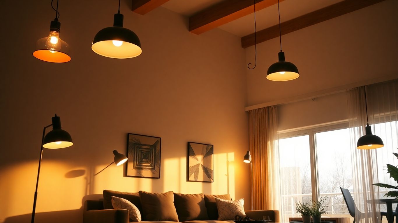 Modern living room with stylish pendant and floor lighting.