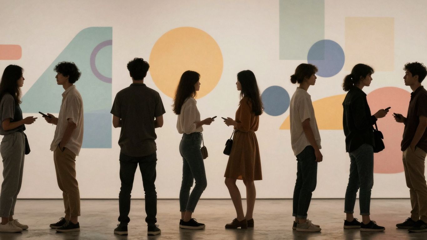 Diverse people interacting in a vibrant, abstract space.