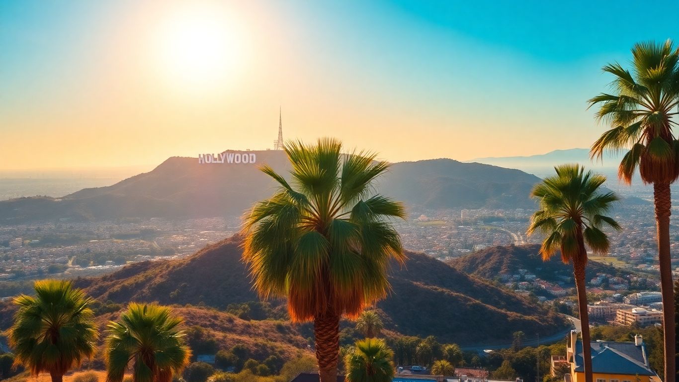 Hollywood sign overlooking Los Angeles cityscape