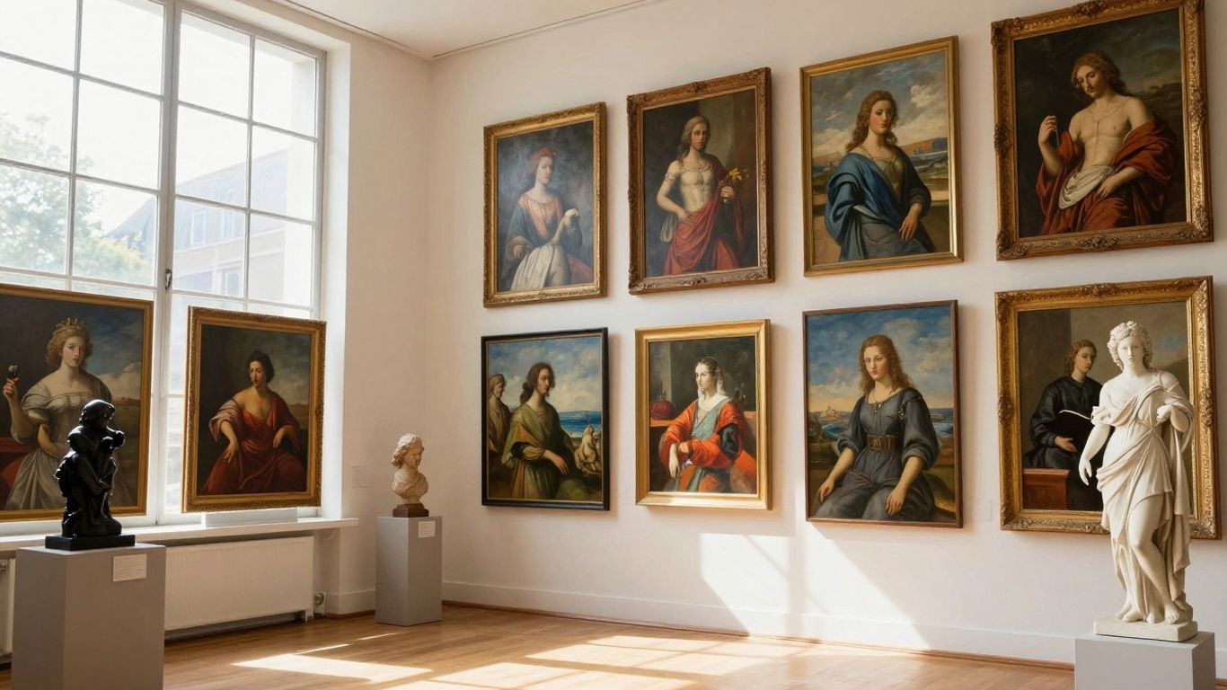 Vielfältige Kunstwerke in heller Galerie