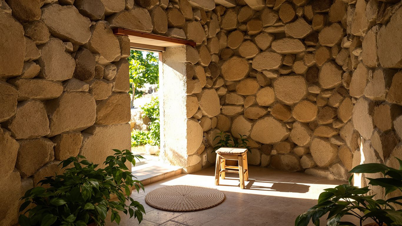 Sunlit stone room with simple wooden stool and plants.