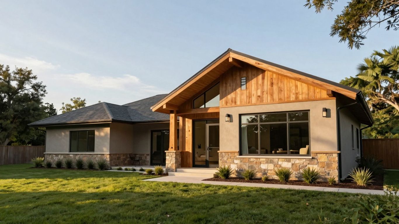 Modern ranch home with large windows and natural materials.