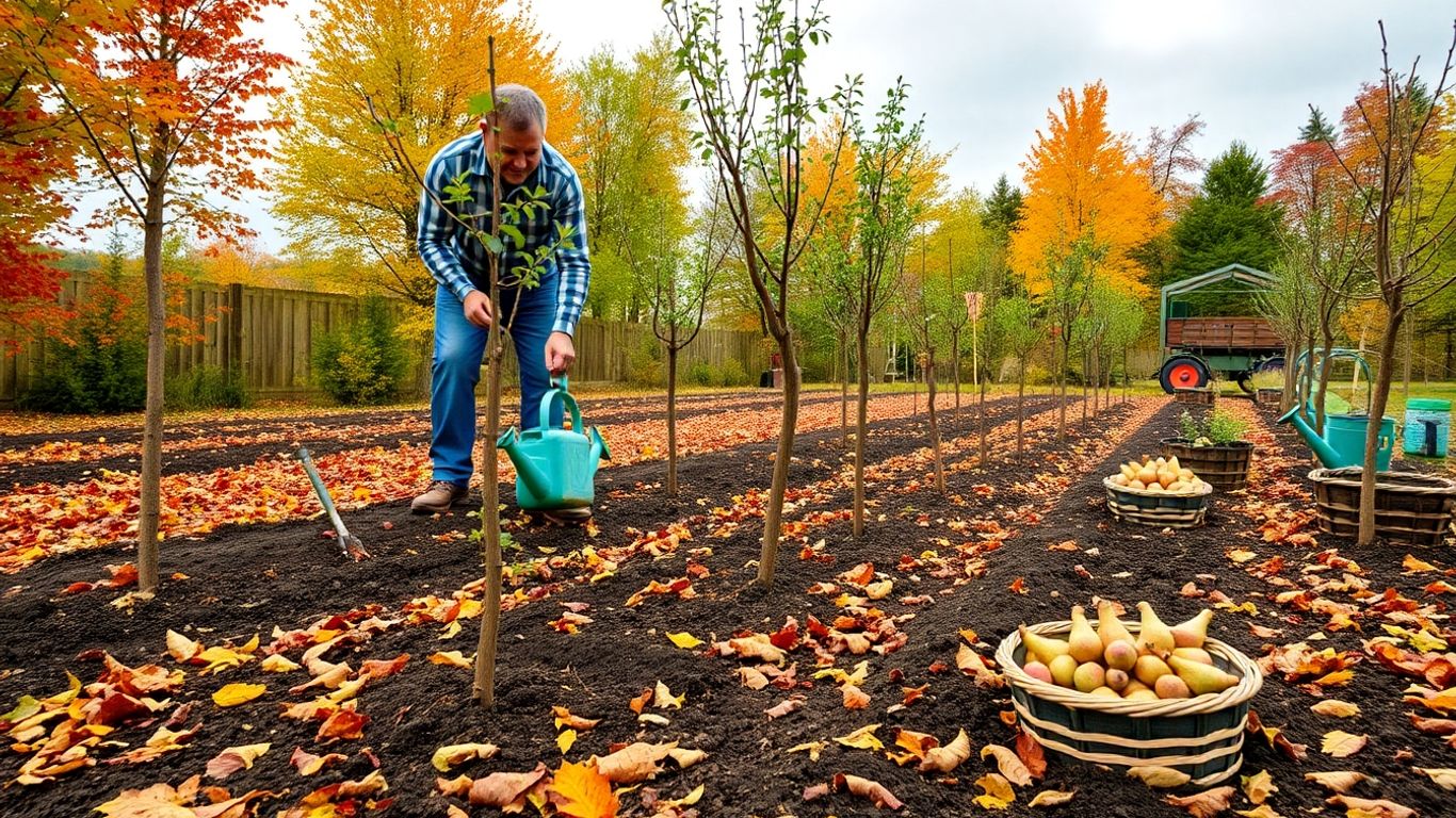 Gärtner pflanzt Obstbäume im herbstlichen Garten