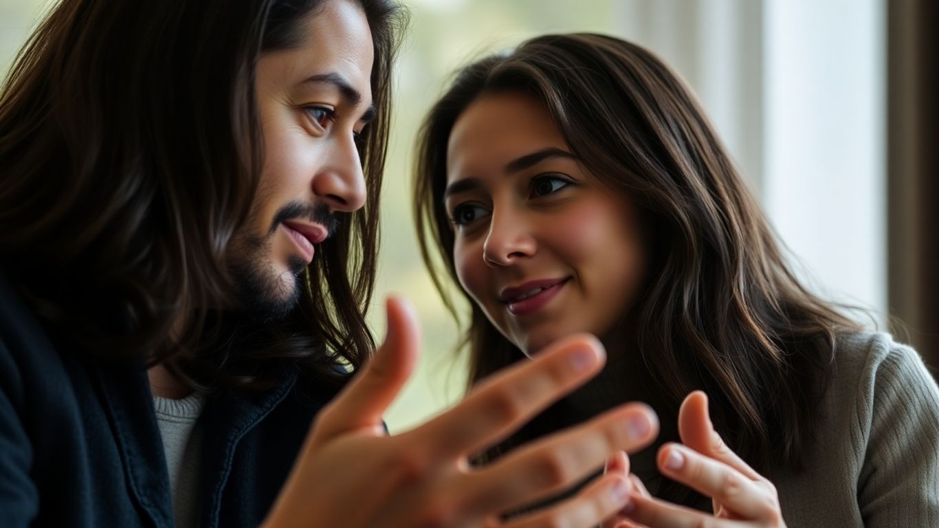 Two people in deep conversation, one listening intently.