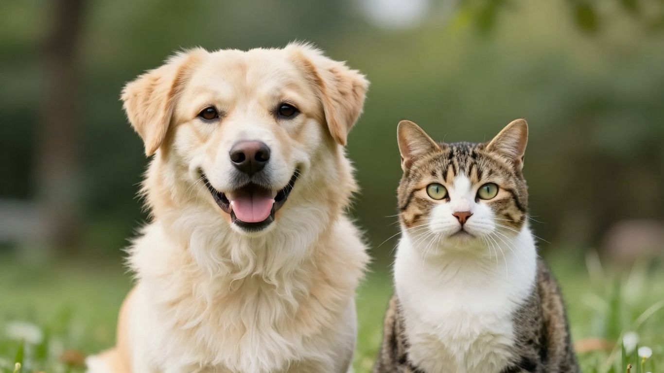 Dog and cat looking at camera, green background.