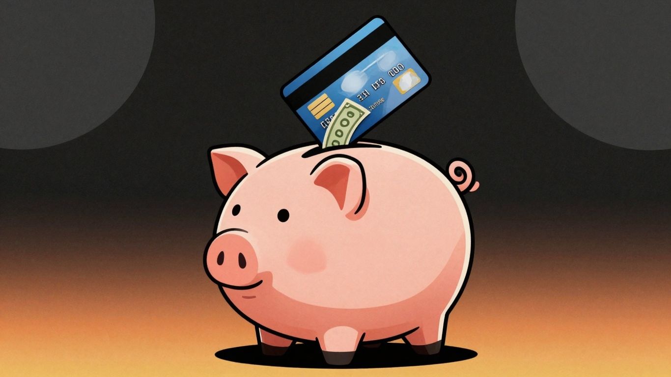 Cartoon piggy bank receiving money from a credit card.