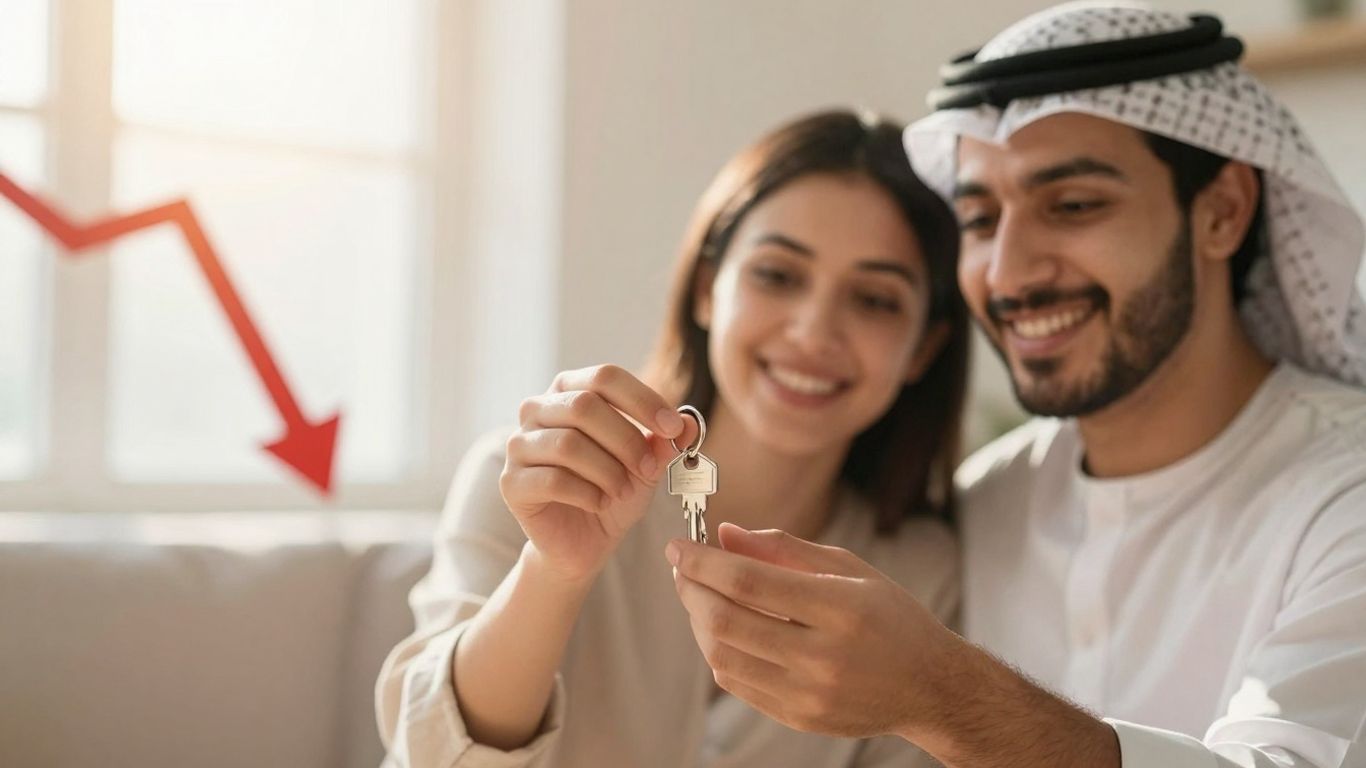 Couple with house key and downward arrow graphic.