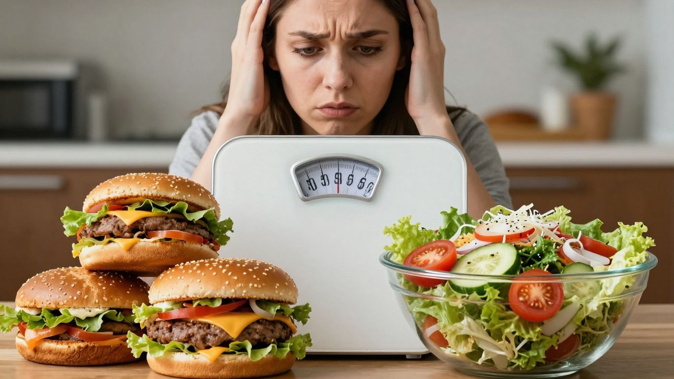 Person weighing food options for rapid weight loss.