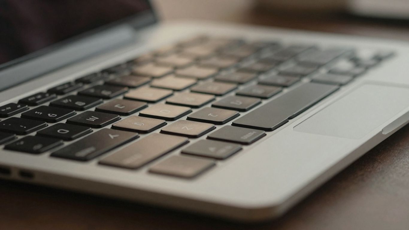 Modern technology essay writing on a laptop keyboard.