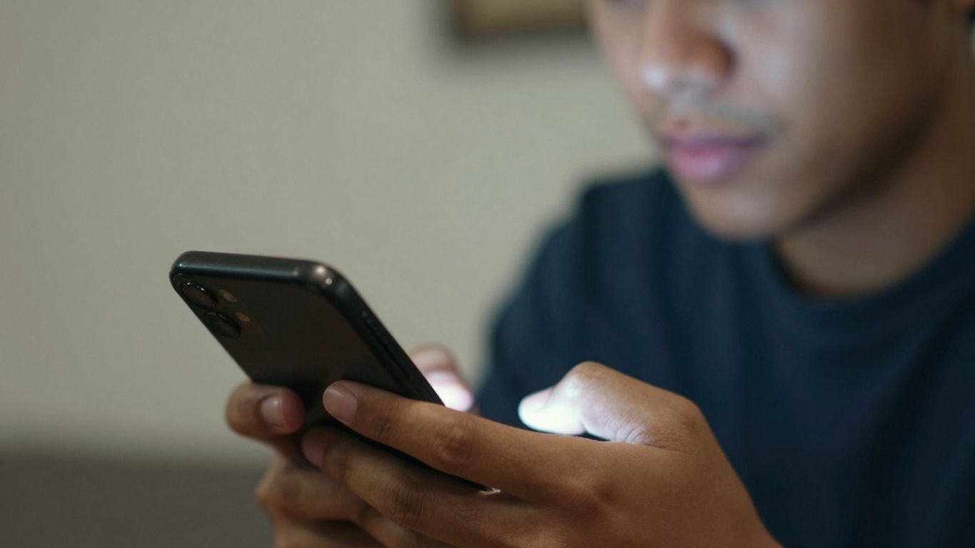 Person using a smartphone, illuminated by screen glow.