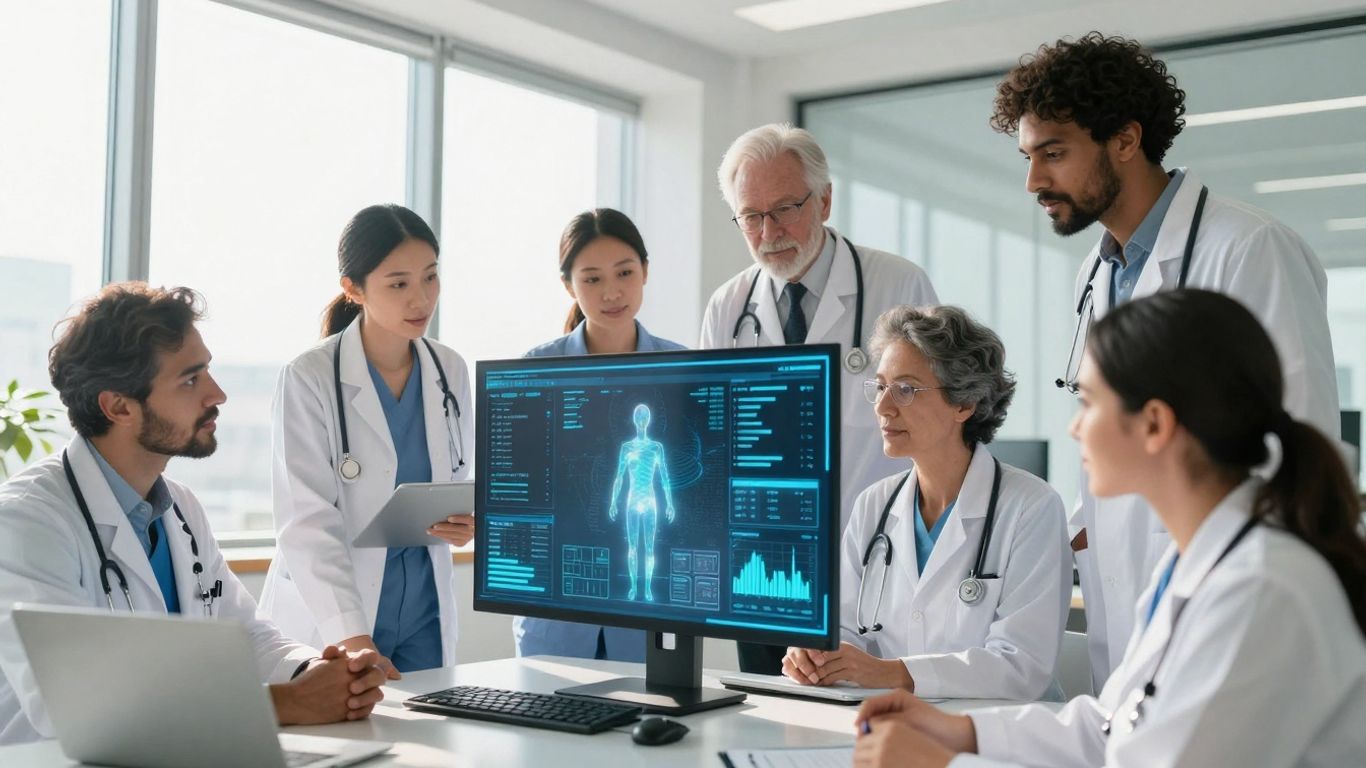Healthcare professionals analyzing data on a holographic display.