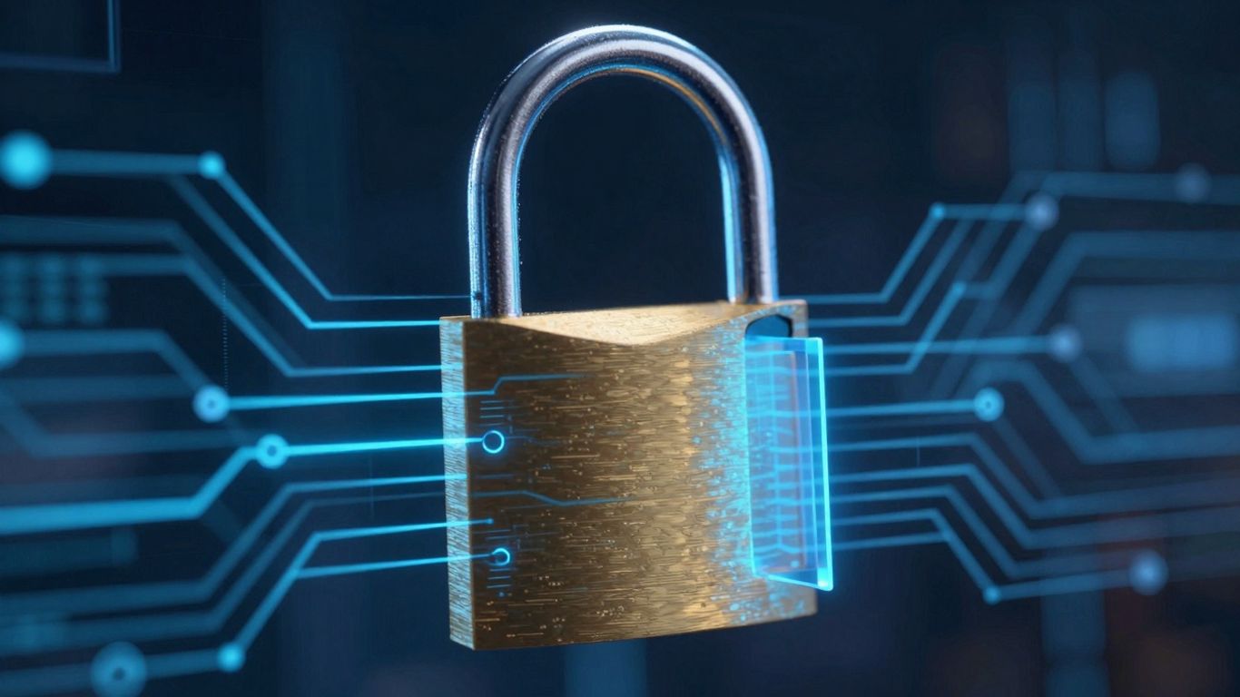 Cyber security padlock with digital circuit overlay.