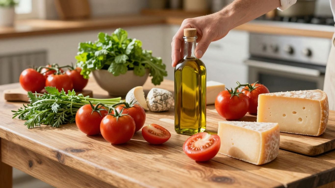 Ingrediente proaspete pe o masă de lemn, gata pentru gătit.