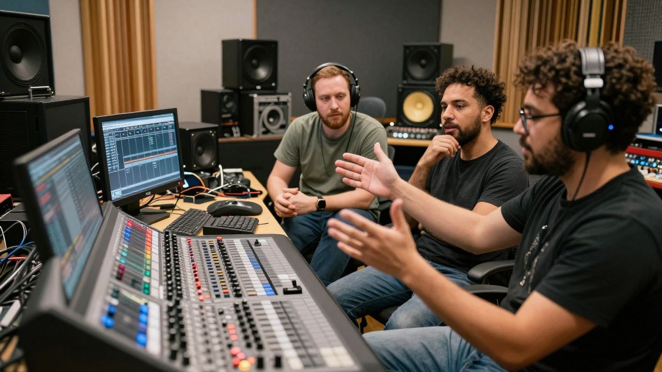 Producers networking and collaborating in a music studio.
