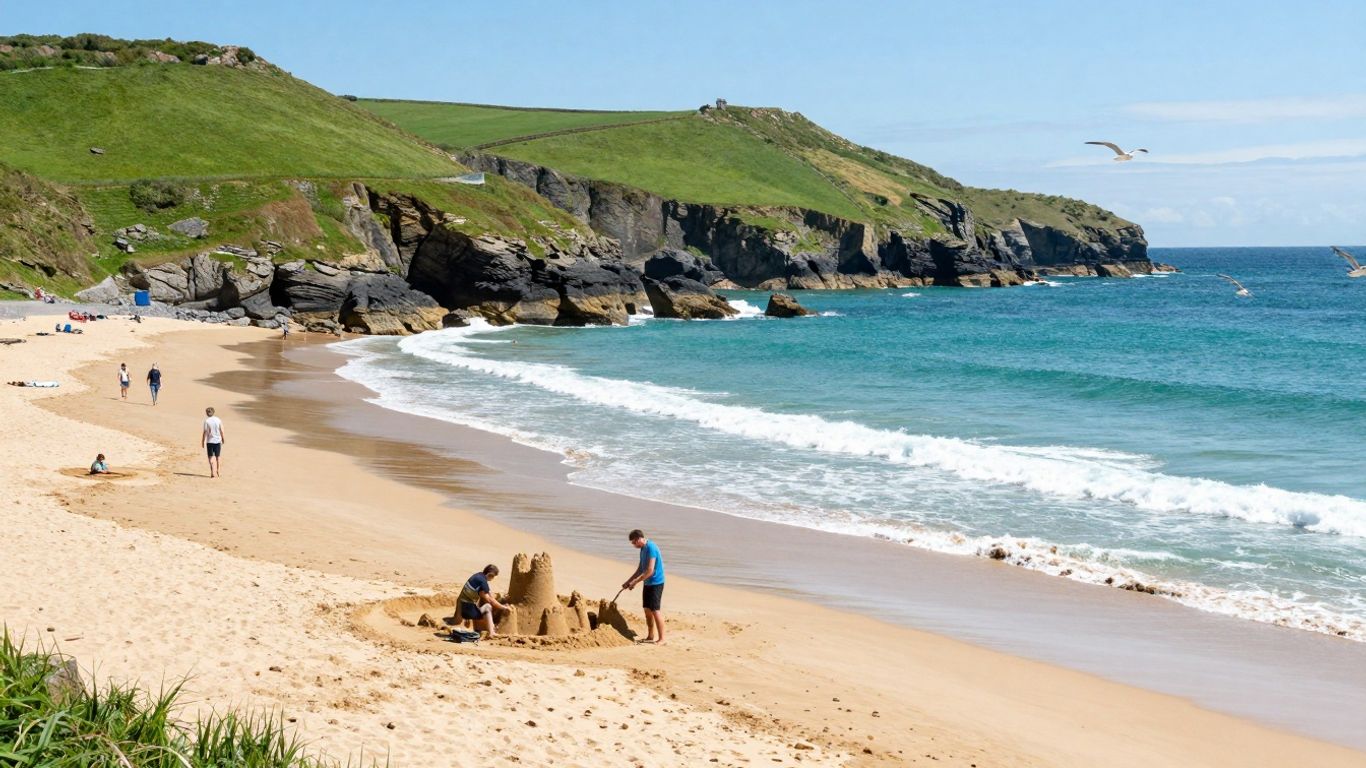 Cornwall beach with families enjoying the sand and sea.