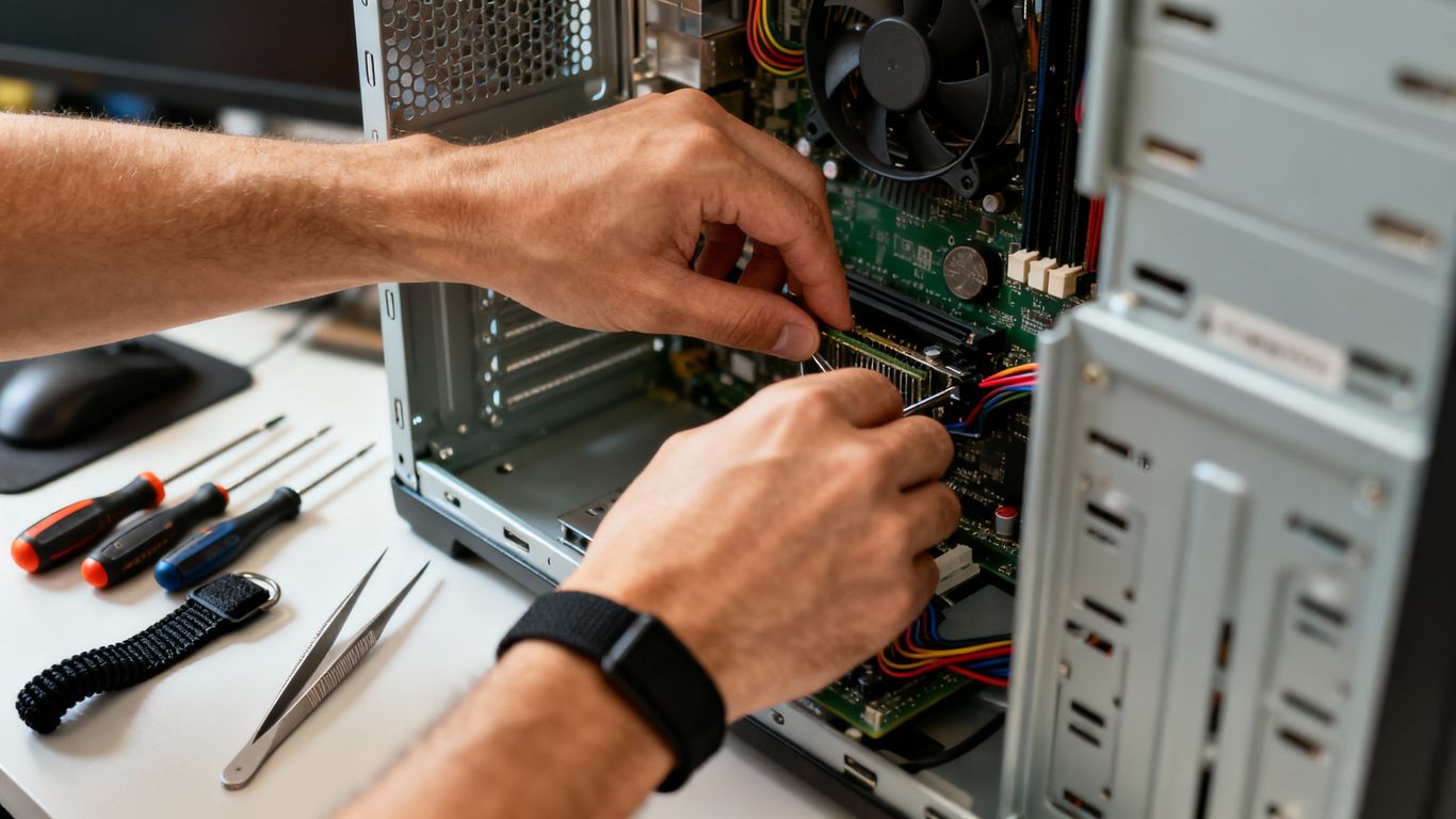 Computer repair technician working on internal computer components.