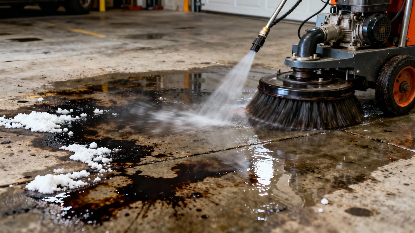 Strojové čistenie garáže od oleja a soli.