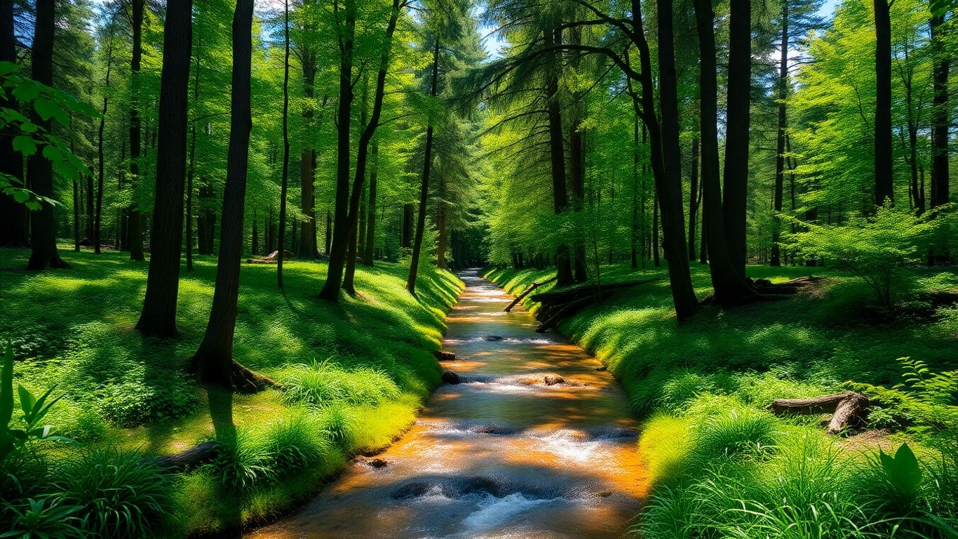Pădure verde cu un pârâu limpede curgând.