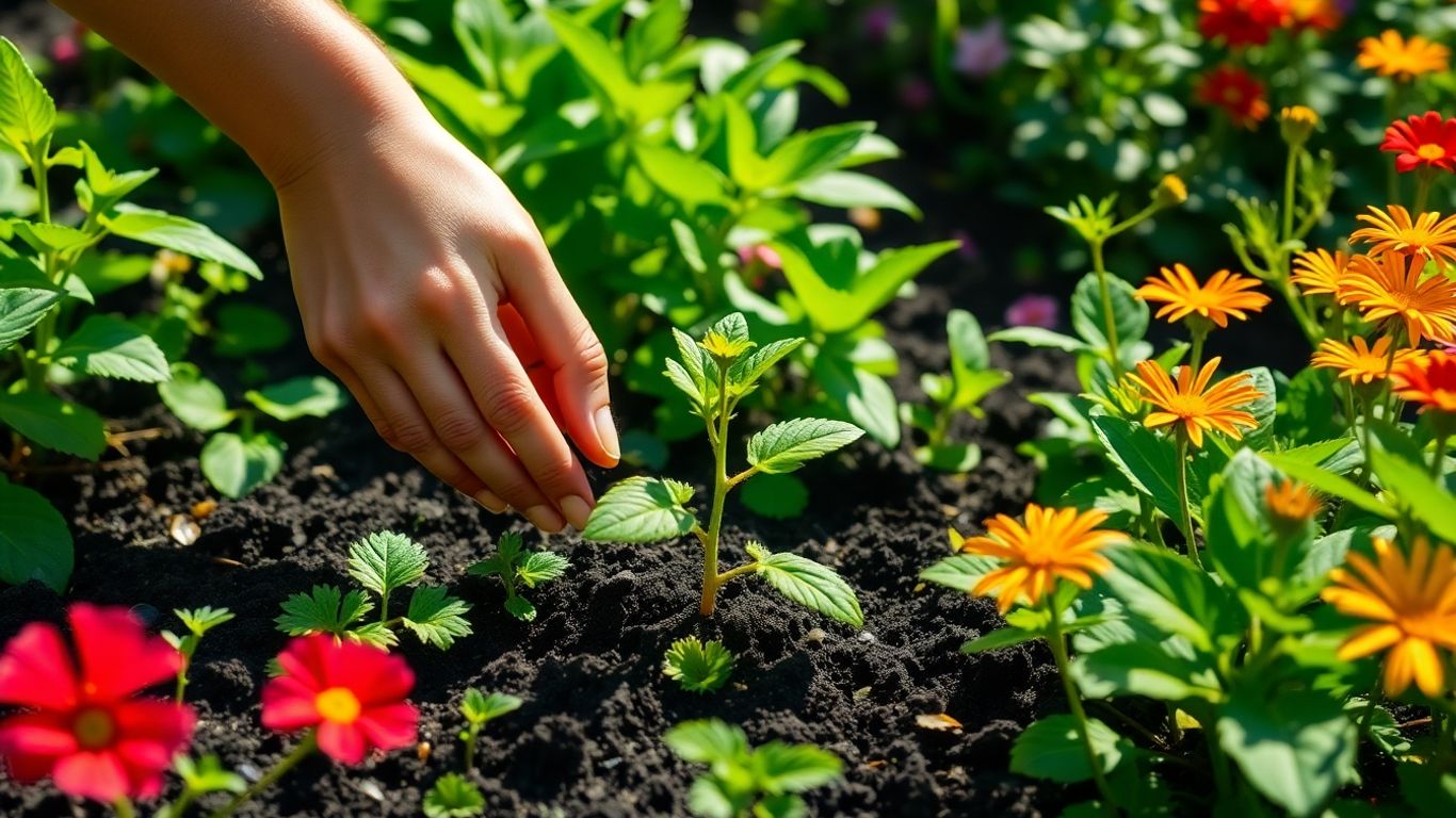 Grădină cu plante verzi și flori colorate.
