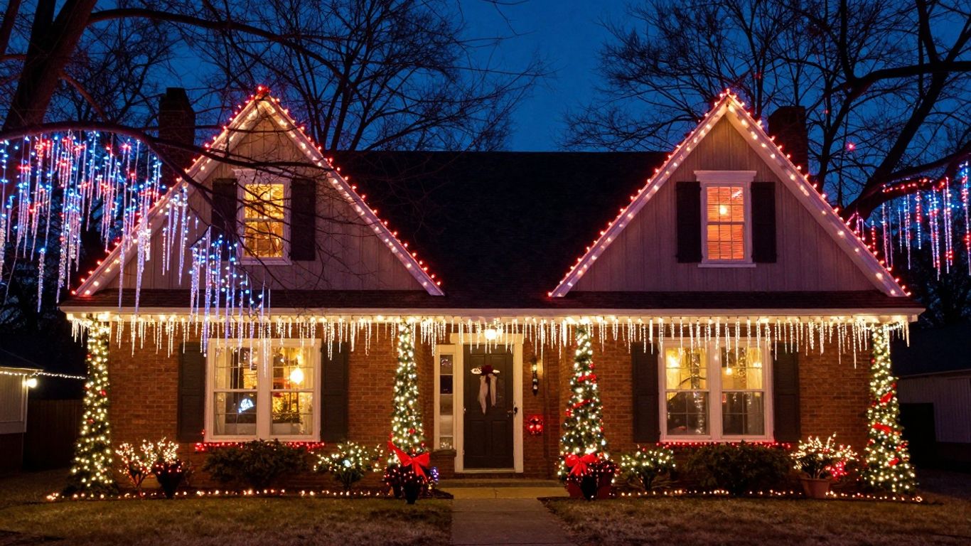 O'Fallon, IL home decorated with colorful Christmas lights.