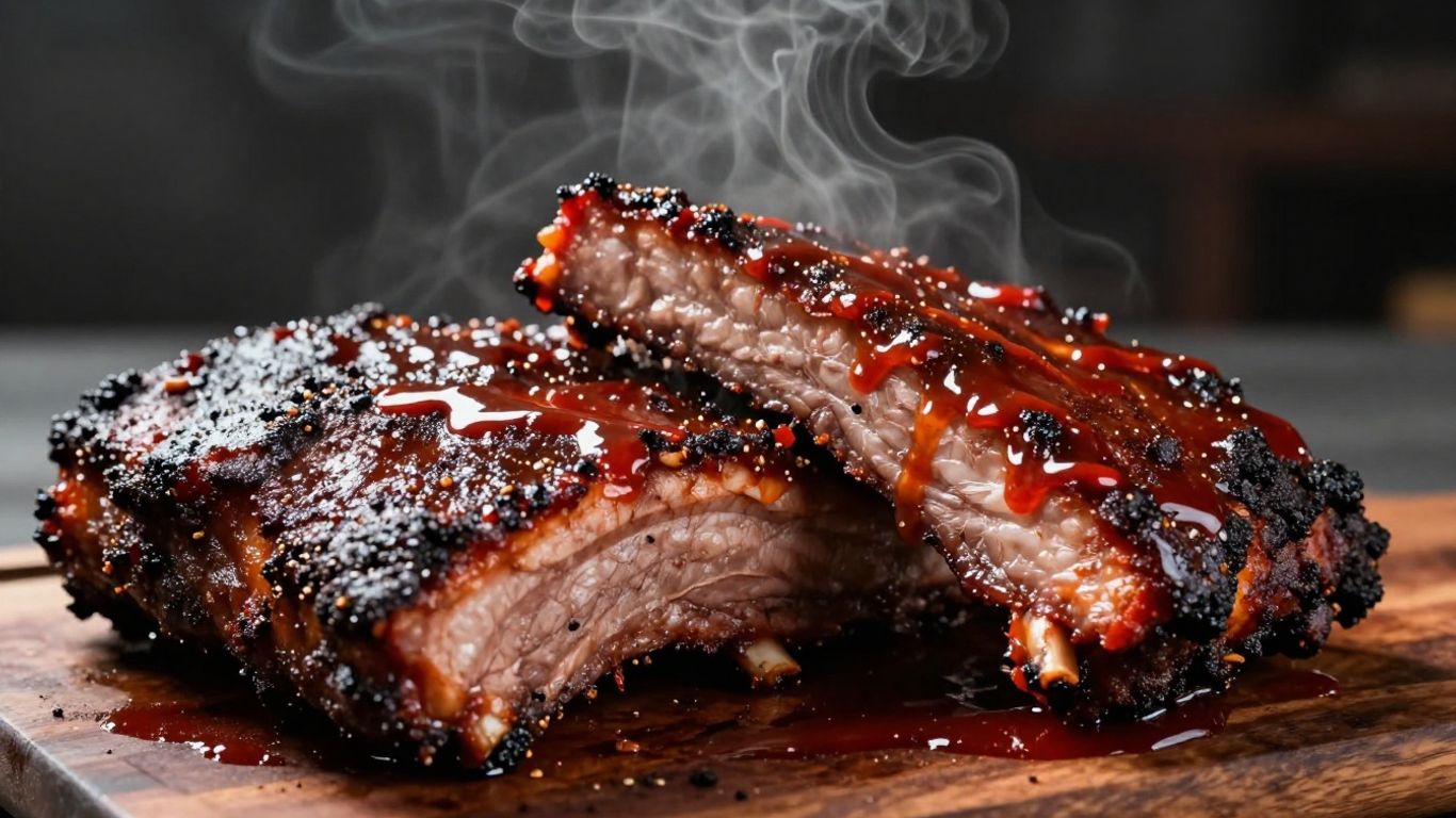 Smoked brisket and ribs with a smoky background.