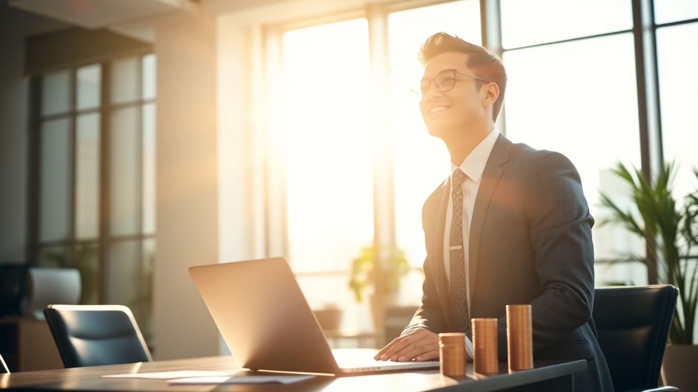 Pessoa celebrando sucesso financeiro e profissional em escritório moderno.