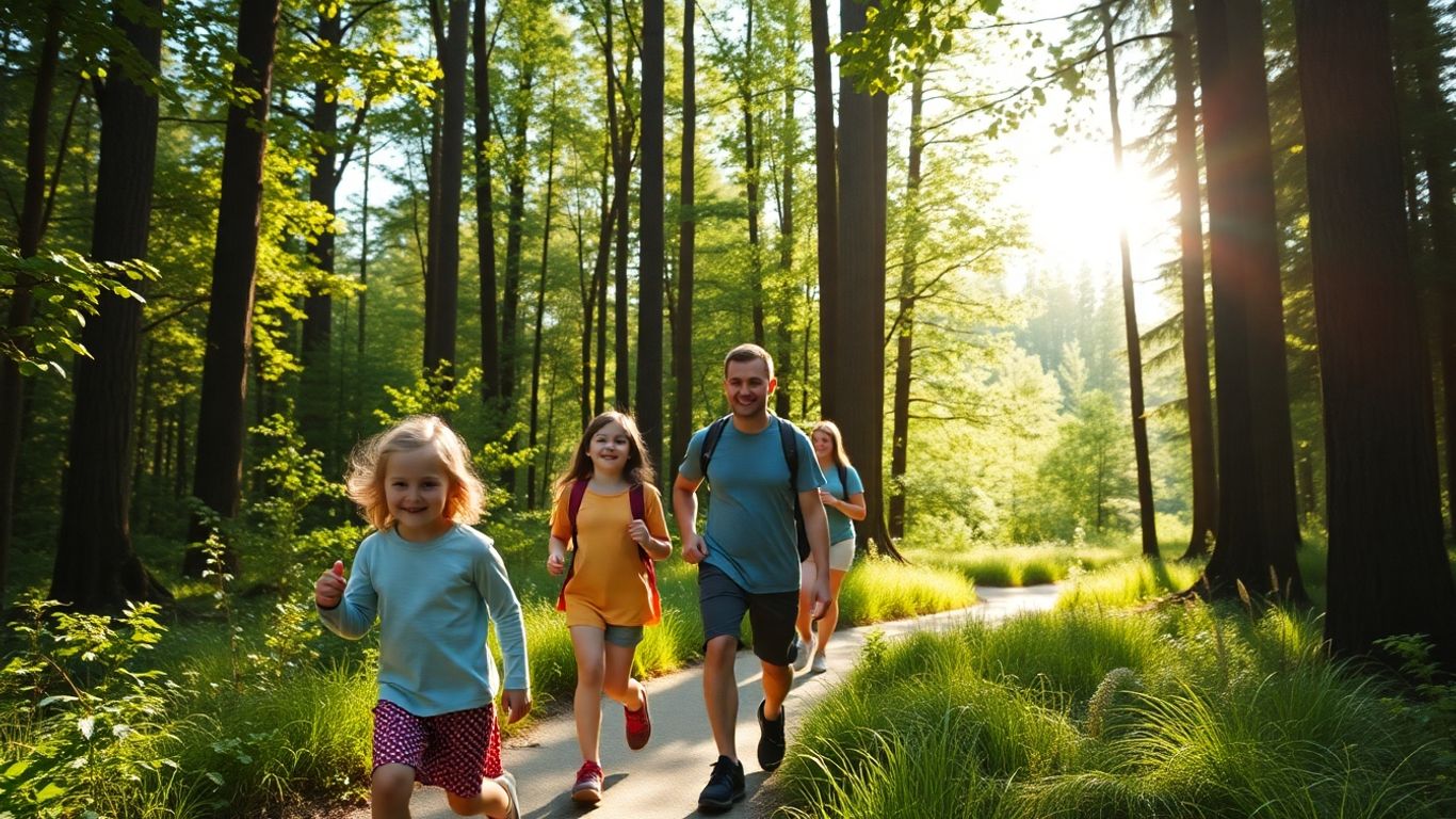Familie bucurându-se de o drumeție în natură.