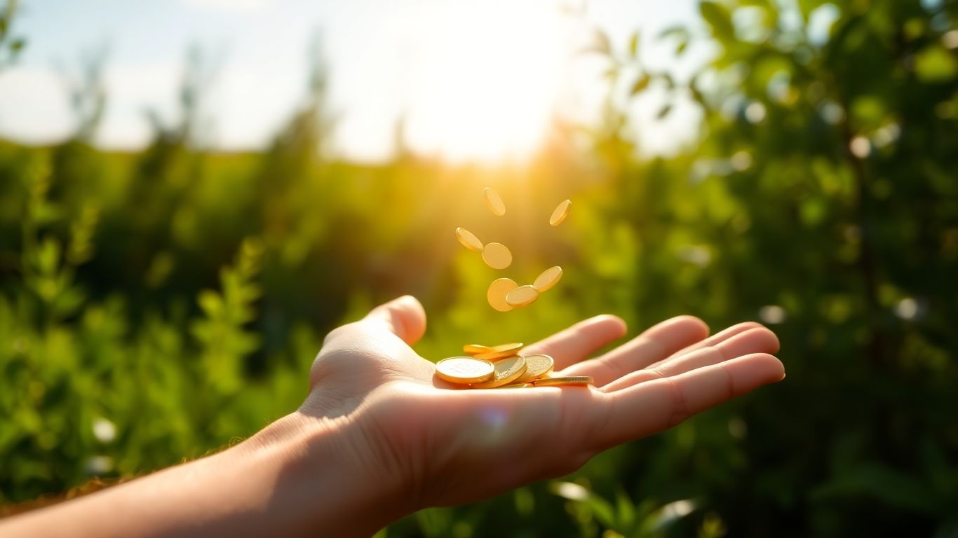 Hand releasing golden coins into a green landscape.